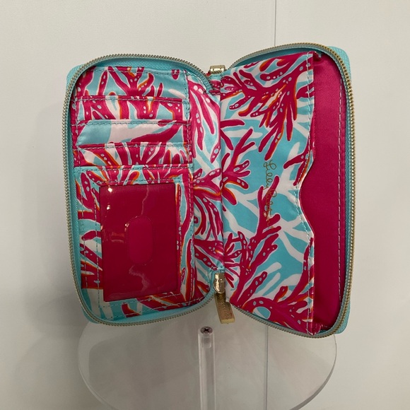 Lily Pulitzer Tiki Palm Design Wristlet Wallet Phone Case Pink Blue Zip Close - Picture 12 of 16